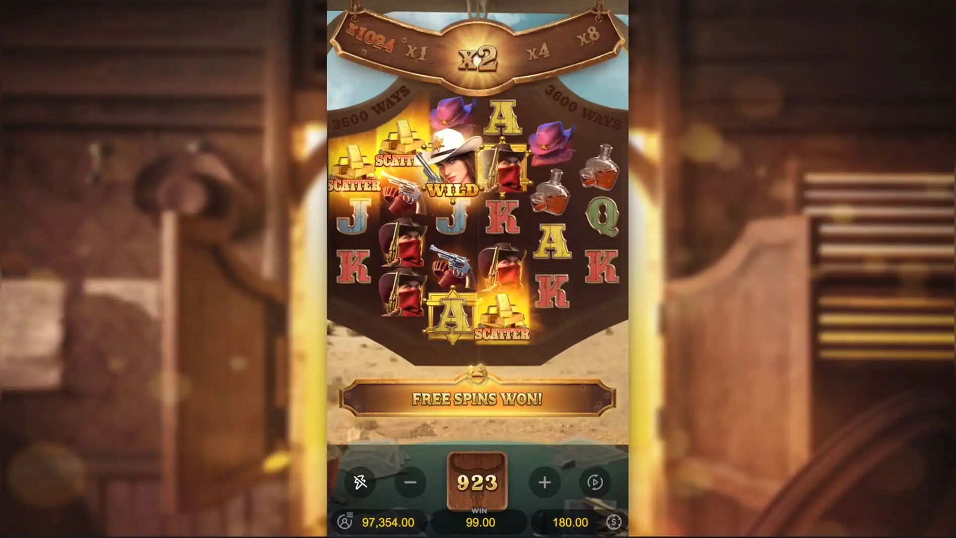 Simbol Scatter batangan emas mendarat di gulungan untuk memicu Free Spins